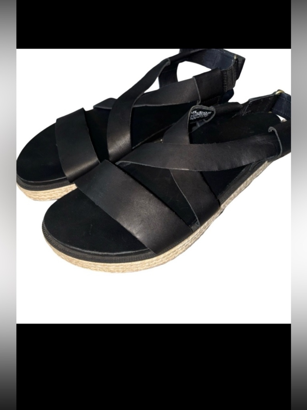 Sorel Roaming Criss Cross Black Leather Jute Ankle Strap Platform Sandal 9 - Picture 2 of 9